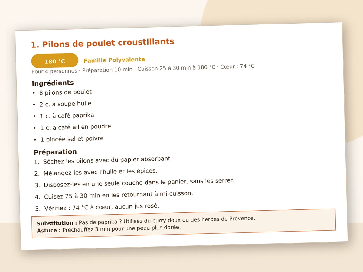 Une page de recette du recueil avec ingrédients, température et temps de cuisson