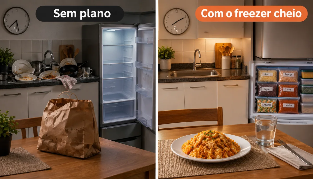 Antes e depois de organizar as refeições do freezer