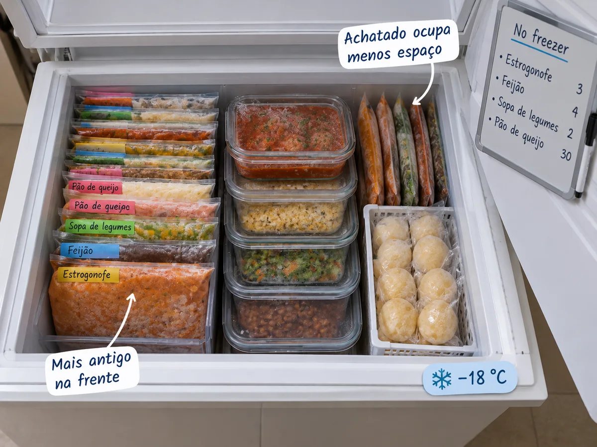 Freezer organizado com marmitas etiquetadas